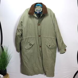 Vintage‎ Rainforest Long Work Coat Olive Green Utility Leather Collar L